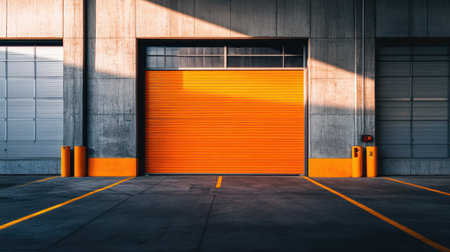 A striking image of a bright orange garage door set against a rugged concrete wall. The industrial setting illustrates modern architecture with vivid colors and clean lines.の素材