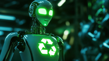 A sleek futuristic robot featuring a glowing green recycling symbol, representing advanced technology and eco-conscious innovation in modern design and automation.の素材
