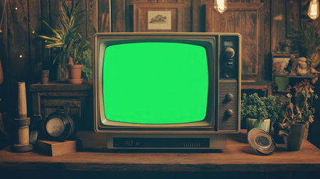 A vintage television set with a green screen sits in a cozy, retro interior. The warm atmosphere is enhanced by wooden decor and plants, ideal for artistic projects.の素材