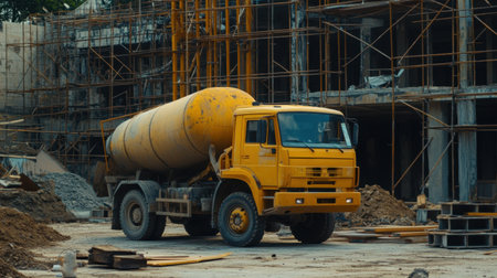 A yellow cement mixer truck parked at a construction site surrounded by scaffolding and building materials, showcasing the heavy machinery used in modern construction projects.の素材