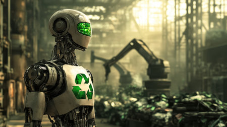 A futuristic robot stands in an industrial environment, promoting recycling and sustainability. The setting highlights advanced machinery and a focus on eco-friendly practices.の素材