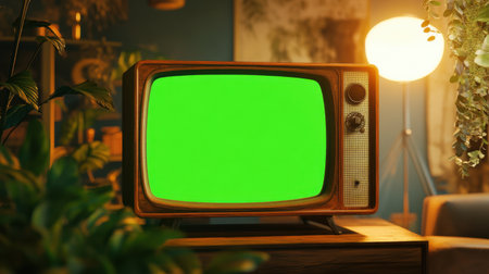 A nostalgic vintage television featuring a bright green screen, perfectly set in a cozy living room with soft lighting and stylish decor for creative projects.の素材