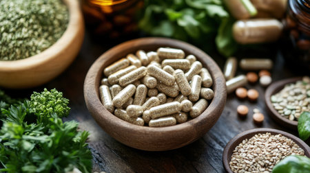 A rustic arrangement of herbal capsules and various natural ingredients showcases the essence of health and wellness in a vibrant, earthy setting.の素材