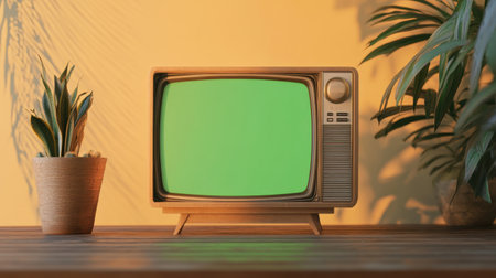 A vintage wooden television set stands on a table with a green screen, surrounded by decorative plants. Ideal for creative and nostalgic design projects.の素材