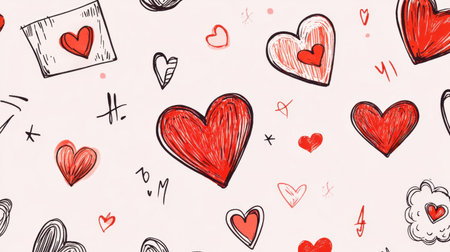 This vibrant pattern features a variety of hand-drawn hearts on a simple background, perfect for romantic designs, Valentine's Day projects, and cheerful decorations.の素材
