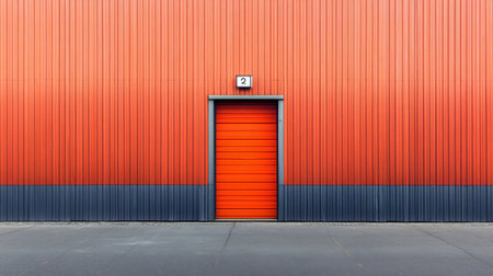 A vibrant orange industrial wall showcases a striking door with a number two sign, embodying modern design and minimalistic architecture in an urban setting.の素材