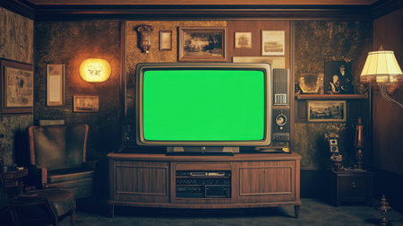 A nostalgic vintage living room scene featuring a retro television with a green screen, surrounded by charming decor and antique furnishings that evoke classic style.の素材