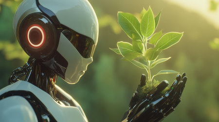 A futuristic robot gently holds a small green plant, symbolizing the harmony between technology and nature. This image captures the essence of sustainability and innovation.の素材