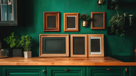 A stylish arrangement of wooden frames on a vibrant green wall, complemented by potted plants, creating an inviting and modern interior decor.の素材