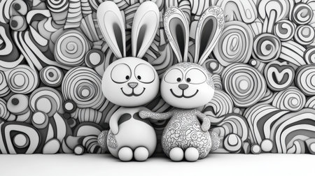 This charming illustration features two playful cartoon rabbits with distinctive designs against a creative black and white patterned background. Perfect for children's themes.の素材
