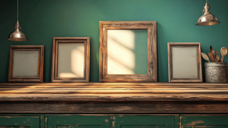 A serene scene featuring rustic wooden frames against a vintage green wall, enhanced by soft sunlight. Ideal for home decor inspiration or interior design concepts.の素材