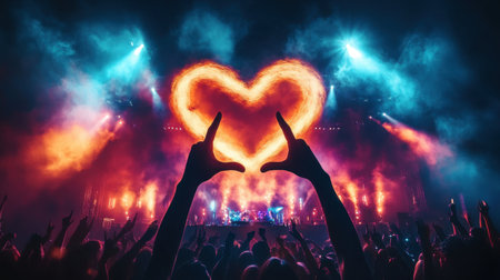 A vivid scene capturing hands forming a heart against vibrant flames at a concert. The dynamic atmosphere showcases the passion and energy of live music events.の素材