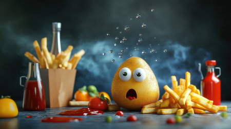 A playful and whimsical potato character with a surprised expression sits among golden french fries and colorful condiments, creating a fun food scene.の素材