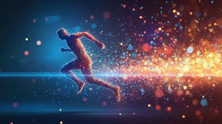 A captivating silhouette of a runner in motion, surrounded by vibrant particles and luminous effects, symbolizing speed, energy, and athleticism in a colorful, abstract landscape.の素材