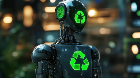 A futuristic robot featuring vibrant green recycling symbols stands in a modern setting, emphasizing the blend of technology and environmental sustainability.の素材
