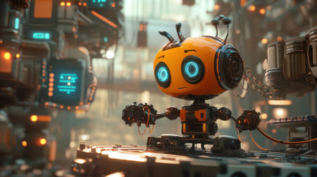 A cute cartoon robot sits in a vibrant futuristic setting, surrounded by advanced technology and colorful machinery, evoking creativity and fun.の素材