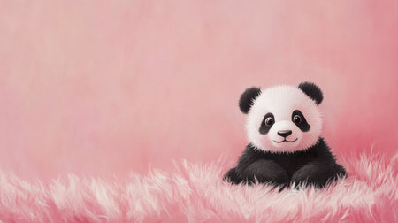 This charming illustration features a cute baby panda sitting on a soft pink background. The adorable character radiates innocence and joy, perfect for children's decor or wildlife theme.の素材