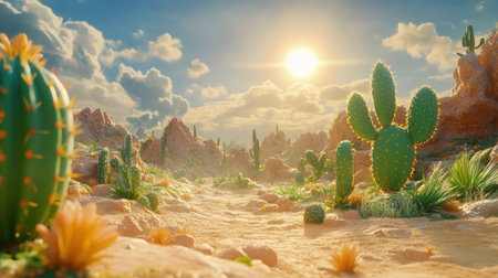 Explore a stunning desert landscape at sunset, featuring various cacti and vibrant clouds. This serene scene captures the beauty of nature under warm sunlight.の素材