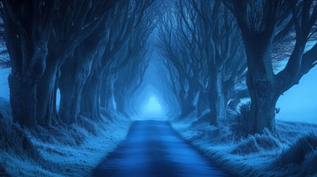 A mysterious winter pathway enveloped in blue light and fog, bordered by dark, looming trees. This serene scene evokes feelings of solitude and tranquility, perfect for evoking a sense of calm and contemplation.の素材
