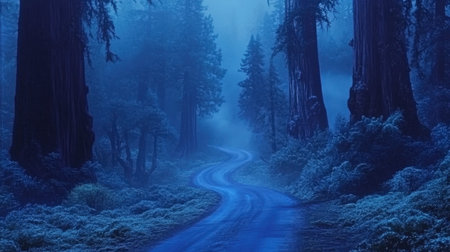 A mesmerizing path winds through a mystical blue forest, enveloped in soft mist and surrounded by towering trees. This tranquil scene invites exploration and reflection.の素材