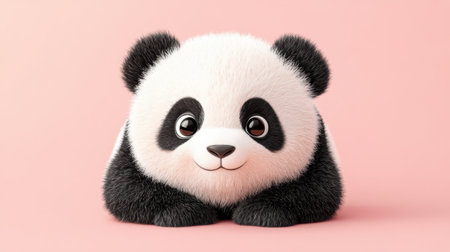 This adorable cartoon panda character, with big sparkling eyes and a fluffy face, sits on a soft pink background, radiating cuteness and joy.の素材