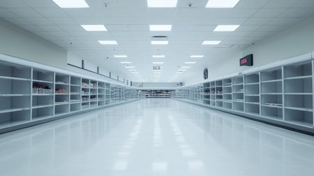 A wide view of an empty supermarket aisle featuring bright overhead lights and neatly arranged shelves, creating a stark, minimalist ambiance.の素材