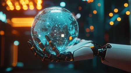 A futuristic robot gently holds a glowing globe featuring a digital network. The image embodies themes of technology, innovation, and artificial intelligence, set against a dynamic background.の素材