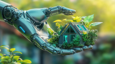 A futuristic robot hand delicately cradles a miniature eco-friendly house adorned with greenery, symbolizing the harmony between technology and nature.の素材