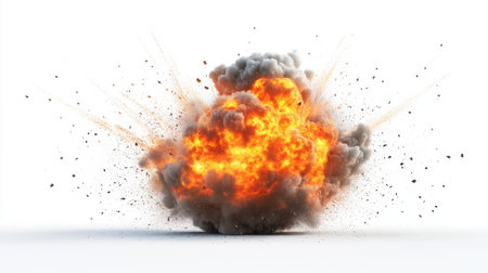 A vibrant explosion scene featuring a bright fireball surrounded by thick smoke and flying debris, creating a powerful and dynamic visual impact.の素材