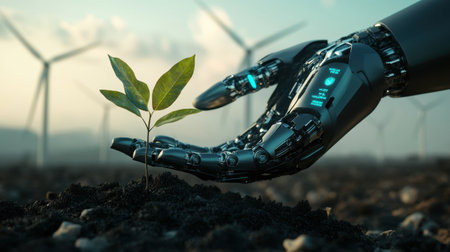 A futuristic robot hand gently nurtures a small green plant in a field with wind turbines. This image symbolizes the harmony between technology and nature, emphasizing sustainability.の素材
