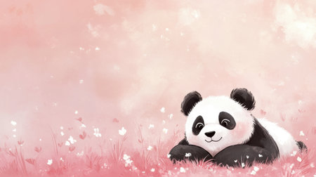 Charming illustration of a cute panda character relaxing on soft grass among delicate flowers, set against a dreamy pink background, radiating joy.の素材