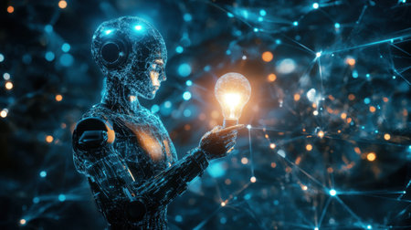 A futuristic robot stands in a dark, digital environment, holding a glowing light bulb, symbolizing innovation and creativity. The intricate network of circuits adds depth to the scene.の素材
