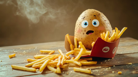 A whimsical potato character with big eyes sits in a box of fries, creating a fun and playful food scene. Perfect for children's content or food-related projects.の素材