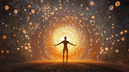 A captivating silhouette of a person stands before a cosmic light portal, surrounded by radiant energy and abstract visuals, evoking feelings of exploration and transcendence.の素材