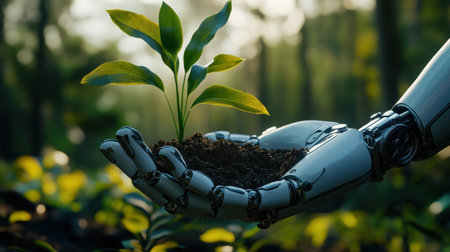 A futuristic robotic hand gently holds a sprouting plant, symbolizing the harmonious relationship between technology and nature, emphasizing sustainability and growth.の素材