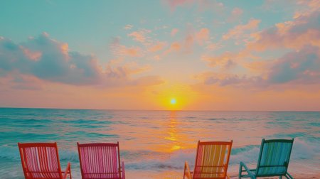 Take in the tranquil beauty of colorful beach chairs set against a stunning sunset. Relax by the serene ocean waves and enjoy nature vibrant palette.の素材