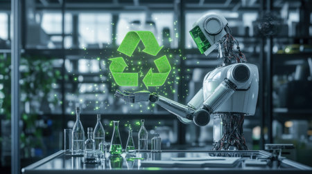 A sleek robot showcases a green recycling symbol in a high-tech lab, emphasizing the importance of sustainability and environmental innovation for the future.の素材