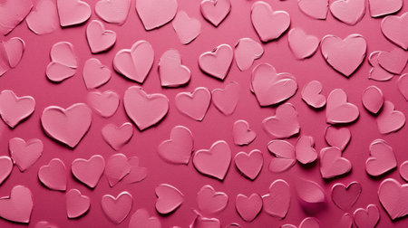 A vibrant collection of pink heart shapes scattered on a soft pink background, perfect for romantic themes, decorations, and creative projects celebrating love and affection.の素材