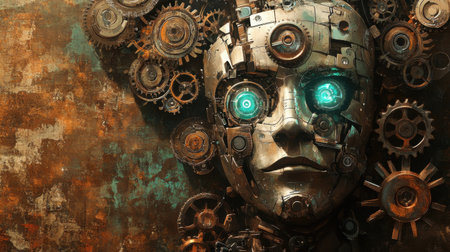 Captivating steampunk-inspired robot face adorned with metallic gears and glowing blue eyes. A fusion of technology and artistry showcasing intricate details and a unique design.の素材