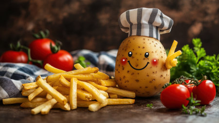 This playful potato chef smiles among crispy fries and fresh tomatoes, showcasing a fun and colorful scene perfect for food-related themes and culinary joy.の素材
