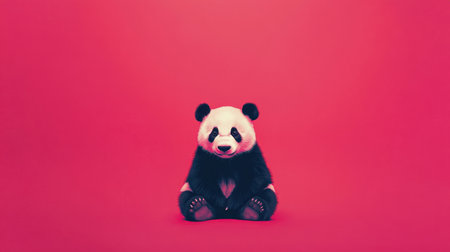 This charming portrait features an adorable panda sitting playfully against a vibrant pink background, showcasing its fluffy fur and joyful expression.の素材