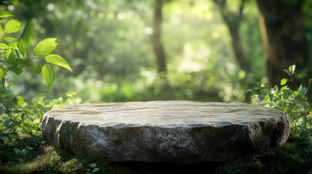 A flat stone platform set amidst a vibrant forest, surrounded by lush greenery and soft moss. This serene environment captures the essence of nature's beauty.の素材