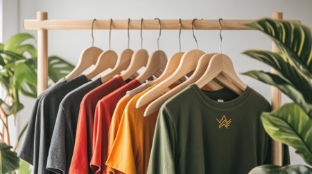 A vibrant assortment of colorful t-shirts displayed on a wooden hanger against a backdrop of green plants, perfect for showcasing casual fashion in a stylish setting.の素材