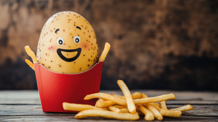 A cheerful potato character with a smiling face sits in a red box surrounded by golden fries on a rustic wooden table, perfect for playful food imagery.の素材