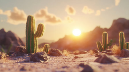 A stunning desert landscape featuring elegant cacti illuminated by a warm sunset. The serene scene with gentle sunlight creates a tranquil atmosphere in nature.の素材