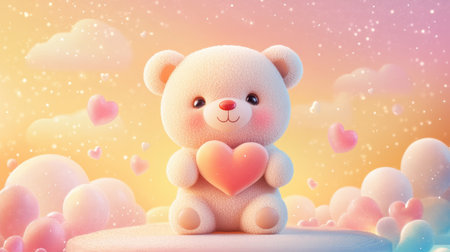 A charming bear holds a heart amidst soft clouds and a colorful backdrop. This whimsical illustration evokes feelings of love and joy, perfect for cheerful themes.の素材