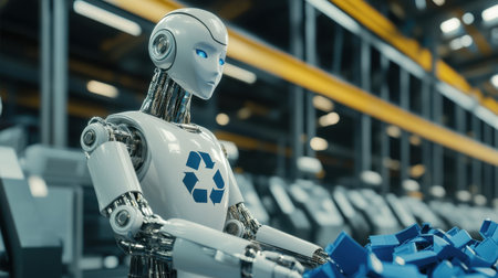 A futuristic robot operates in an industrial recycling facility, efficiently sorting blue plastic materials. This scene highlights the intersection of technology and sustainability.の素材