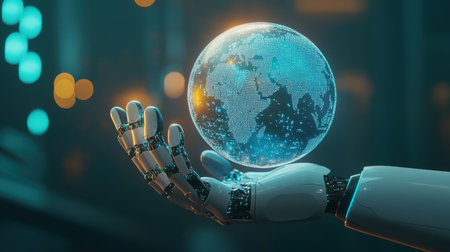 A futuristic robotic hand gracefully holds a glowing digital globe, symbolizing technology and innovation. The scene presents a blend of creativity and progress in a modern, tech-driven world.の素材