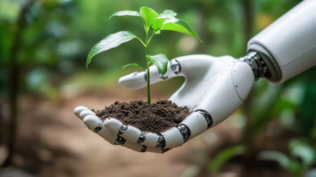 A robotic hand gently holds a small green plant seedling in rich soil, symbolizing the blend of technology and nature. This image represents innovation and sustainable growth.の素材
