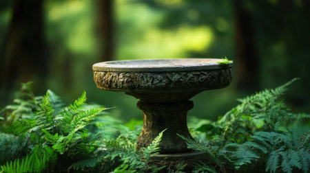 A charming stone birdbath resting amidst vibrant green ferns, creating a serene atmosphere in a tranquil forest. Ideal for nature and garden themes.の素材